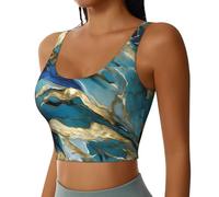 Camisetas sin Mangas Deportivas básicas sin Mangas con Estampado de mármol al óleo en Color Verde Azulado azurita y Dorado Metalizado para Mujer.