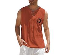 Camisetas sin mangas para hombre, camisetas de lino para verano, casual, sin mangas, con cordones, para playa, camiseta hippie, túnica pirata bohemia, Rojo-c, M