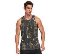 Camisetas sin mangas para hombre, color negro y dorado, diseño de gato gótico del tarot, Gato gótico de tarot negro y dorado, X-Large