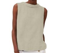Camisetas sin Mangas para Mujer Algodón Lino Verano Top Camisa con Cuello Redondo Casual Ajuste Holgado Camiseta cómoda Blusa Chaleco (Caqui,L)