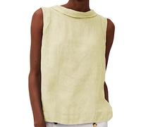 Camisetas sin Mangas para Mujer Algodón Lino Verano Top Camisa con Cuello Redondo Casual Ajuste Holgado Camiseta cómoda Blusa Chaleco (Amarillo,M)