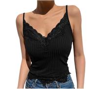 Camisetas sin mangas para mujer con cuello en V, encaje, patchwork, acanaladas, ajustadas, tirantes espagueti, camisolas crop tank tops para mujeres y niñas, Negro, L