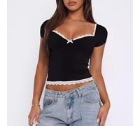 Camisetas sin Mangas Y2k para Mujer para Mujer, Camiseta sin Mangas de Encaje con Cuello Cuadrado, Ropa de Calle de Moda de Verano (Negro,S)