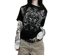 Camisetas y tops de manga larga con gráfico de hadas grunge Y2k para mujer, estética gótica para e-girls con estampado de calavera, camisetas holgadas emo, Negro#1, L
