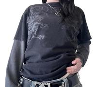 Camisetas y tops de manga larga con gráfico de hadas grunge Y2k para mujer, estética gótica para e-girls con estampado de calavera, camisetas holgadas emo, azul, S