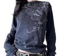 Camisetas Y2k de hadas grunge con gráfico de manga larga, tops para mujer e-girls estética gótica con estampado de calavera, camisetas holgadas, ropa emo, L