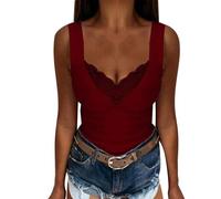Camisola de encaje para mujer, talla grande, cuello en V profundo, sin mangas, elástica, casual, para verano, suave, cómoda, para salir, color sólido, básica, uso diario, fiesta, ropa interior ligera