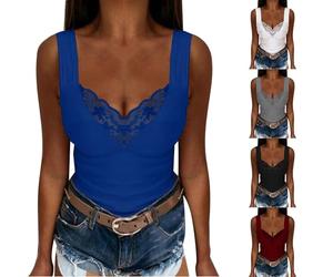 Camisola de encaje para mujer, talla grande, cuello en V profundo, sin mangas, elástica, casual, para verano, suave, cómoda, para salir, color sólido, básica, uso diario, fiesta, ropa interior ligera