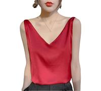 Camisola de verano para mujer, cuello en V, básica, sin mangas, de seda satinada, rosso, XL