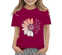 Camisola de verano para niñas de 6 años, camiseta de verano con estampado de flores, camisetas holgadas, cuello redondo, manga corta, casual, camiseta de baile para niñas pequeñas (vino, 12-13 años)