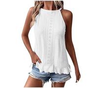 Camisola para mujer, top de encaje, verano, sin mangas, cuello halter, informal, de algodón, Blanco #1, L