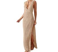 Camisola Playa Mujer,Vestidos Tejidos Crochet Vestido largo de punto sin mangas con escote en V profundo for mujer, traje de baño femenino, abertura alta, pareo de bikini de crochet, vestido de playa(