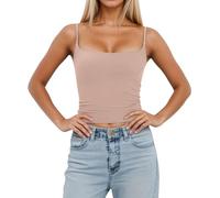 Camisola sin mangas ajustada para mujer con relleno extraíble y tirantes ajustables para usar en capas o de forma informal. De seda sintética