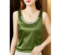 Camisola sin mangas con cuentas de color sólido para mujer, camiseta elástica de ajuste regular para verano, playa, vacaciones, yoga, vacaciones, uso casual (XXL verde militar)