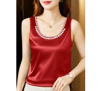 Camisola sin mangas con cuentas de color sólido para mujer, camiseta elástica de ajuste regular para verano, playa, vacaciones, yoga, vacaciones, uso casual (M rojo)