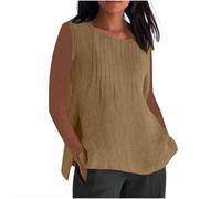 Camisolas Lino Mujer,Talla Grande Algodón y Lino Camisetas Tirantes Mujer Cuello Redondo Pliegues Camiseta Moda Color Sólido Chaleco Básico Tank Top Verano Versátil Cami Ofertas