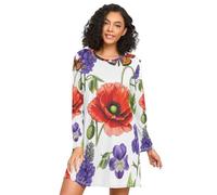 Camisón botánico de flores silvestres con amapolas rojas para mujer, cómodo vestido de noche para mujer, camisas de noche de manga larga para mujer, Flores silvestres botánicas amapolas rojas, XL
