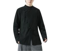 Camisón de algodón para hombre, de manga larga, transpirable, holgado, estilo clásico, tradicional, para hombre, Negro, 3XL