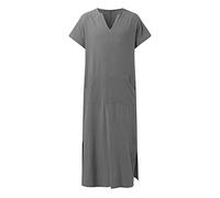 Camisón de algodón para hombre, manga corta, cuello en V, estilo caftán, con bolsillo, ajuste holgado, ropa de descanso, tradicional árabe islámico, jubba, para hombre, Ramadán Eid, gris, XXL