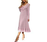 Camisón de encaje suave y acogedor para mujer, de manga larga, cuello en V | Camisones plisados elegantes para mujer, pijama, negligees, holgados, ligeros, transpirables, ropa de descanso