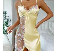 Camisón de encaje transparente para mujer, vestido sin espalda, para uso diario, hogar, club, vacaciones, ropa de dormir (XL amarillo)