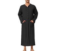 Camisón de manga larga para hombre, parte superior de pijama con bolsillos y botones, ropa de dormir larga monocromática Thobe Loungewear de manga larga, pijama, ropa de noche, suelta, cómoda, O negro
