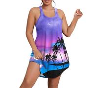 Camisón de satén con tirantes anchos, camisón corto de algodón para mujer, vestido de noche transpirable, cuello redondo, estampado, talla grande, ajuste holgado, sin mangas, camisones casuales, azul