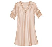 Camisón de satén de manga corta para mujer, camisón de seda para mujer, manga 1/2, encaje con bordes, puños apretados, decoración de volantes, camisón ligero y corto, color beige