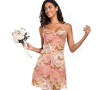 Camisón de satén para mujer, elegante vestido drapeado con cuello en V para hotel, Monarch Butterfly Floral 00001 00003 00001, S