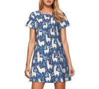Camisón estampado de tela suave con mangas largas como cómodo vestido de salón para relax en el hogar, noches de pijama casuales, azul, XXL