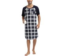 Camisón Hombre Dormir Camisetas de Pijama Algodón Larga Suave Transpirable Camisa de Noche de Manga Corta Camison Hospital Ropa de Dormir para Descansar Cuadros+Azul Marino XXL