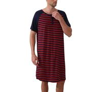 Camisón Hombre Dormir Camisetas de Pijama Algodón Larga Suave Transpirable Camisa de Noche de Manga Corta Camison Hospital Ropa de Dormir para Descansar Rojo Azul Marino*Rayas M