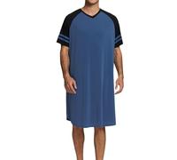 Camisón Hombre Dormir Camisetas de Pijama Larga Escote en V Suave Transpirable Camisa de Noche de Manga Corta Camison Hospital Ropa de Dormir para Descansar Azul Oscuro+Negro XXL