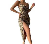 Camisón Largo con Tirantes de Leopardo para Mujer Sexy con Escote en V Profundo y Espalda Descubierta Camisón Dividido Lencería de Satén Sedoso Ropa de Estar por Casa Leopardo L