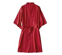 Camisón largo de satén para mujer, camisón vintage para mujer, bata de novia y dama de honor, bata tipo kimono, suave, ligero, liso, mangas 3/4, longitud hasta la rodilla, camisón para mujer, rosso