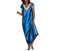 Camisón largo de satén para mujer, ropa de dormir de lujo, camisón de seda, elegante, casual, con ribete de encaje, cuello en V, manga corta, camisón para damas, ropa de dormir, mis pedidos, oferta