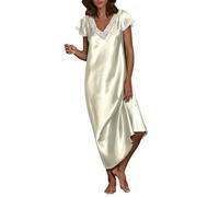 Camisón largo de satén para mujer, ropa de dormir de lujo con encaje, elegante y casual, con cuello en V y manga corta, para damas, mi pedido, oferta, liquidación, ofertas, orden 2025, beige, L