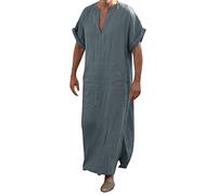 Camisón largo para hombre, camiseta de dormir de una pieza, para tiempo libre, suave, tórax, cómoda, suelta, albornoz de manga larga, manga corta, ligero, ropa de dormir, cuello en V, aireado, gris