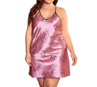 Camison Mujer Dormir - Camisón Sexy Sin Espalda Seda Hielo Falda con Tirantes Seda Imitación Corazón Cuello En V Profundo Pijama Chica Falda Corta (XXXXXL)