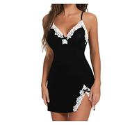 Camisón Para Mujer - Ropa De Dormir Para Mujer Camisón De Satén De Seda De Encaje Lencería Sexy Camisones Sin Mangas Camisón Con Cuello En V Camisón Ropa De Dormir Camisas Para Dormir,Negro,S