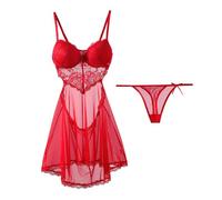 Camisón para Mujer - Vestido De Dormir Sexy De Malla, Conjunto De Ropa Interior De 2 Piezas, Camisón De Verano De Encaje, Camisones De Mujer, Rojo, S