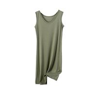 Camisón Sin Mangas De Mujer - Camisón Informal De Primavera Y Verano Suave Ligero Y De Talla Grande con Cuello Redondo Color Liso Estilo Coreano Largo Medio Verde Militar 3XL