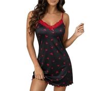Camisón sin mangas para mujer, con estampado de corazón, ribete de encaje, vestido de dormir lindo camisón de noche para la playa, Negro, XL