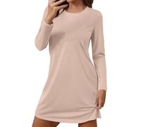 Camisones de algodón para mujer, de manga larga, camisón corto de algodón para mujer, cuello redondo, ropa de dormir cómoda, ropa de descanso de color sólido, camisón casual, caqui, 4XL