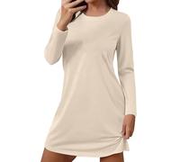 Camisones de algodón para mujer, de manga larga, camisón corto de algodón para mujer, cuello redondo, ropa de dormir cómoda, ropa de descanso de color sólido, camisón casual, beige, M