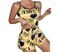 Camisones de algodón sin mangas para mujer, conjunto de pijama para mujer, conjunto de pantalones cortos, camisola y pantalones cortos, patrón de corazón, decoración de volantes, tirantes delgados, 2