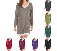 Camisones de manga larga para mujer, ropa de dormir de encaje de ajuste holgado, camisón transpirable para dormitorio, camisones para mujer, talla grande, cuello en V, ultra delgados, para dormitorio