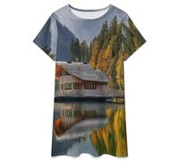 Camisones De Mujer - Cabaña Junto Al Lago Pijama Elegante De Manga Corta Vestido De Algodón Suave para Estar En Casa Estilo Vintage. 3XL