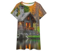 Camisones De Mujer - Cabañas Junto Al Lago Pijama Elegante De Manga Corta Vestido De Algodón Suave para Estar En Casa Estilo Vintage. XL