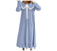 Camisones De Mujer Sexy - Camisones Largos De Satén con Mangas Largas para con Lazo De Encaje Y Cuello En La Muñeca Estilo para Descansar Las Rodillas Ropa De Dormir para El Hogar (Blue XL)